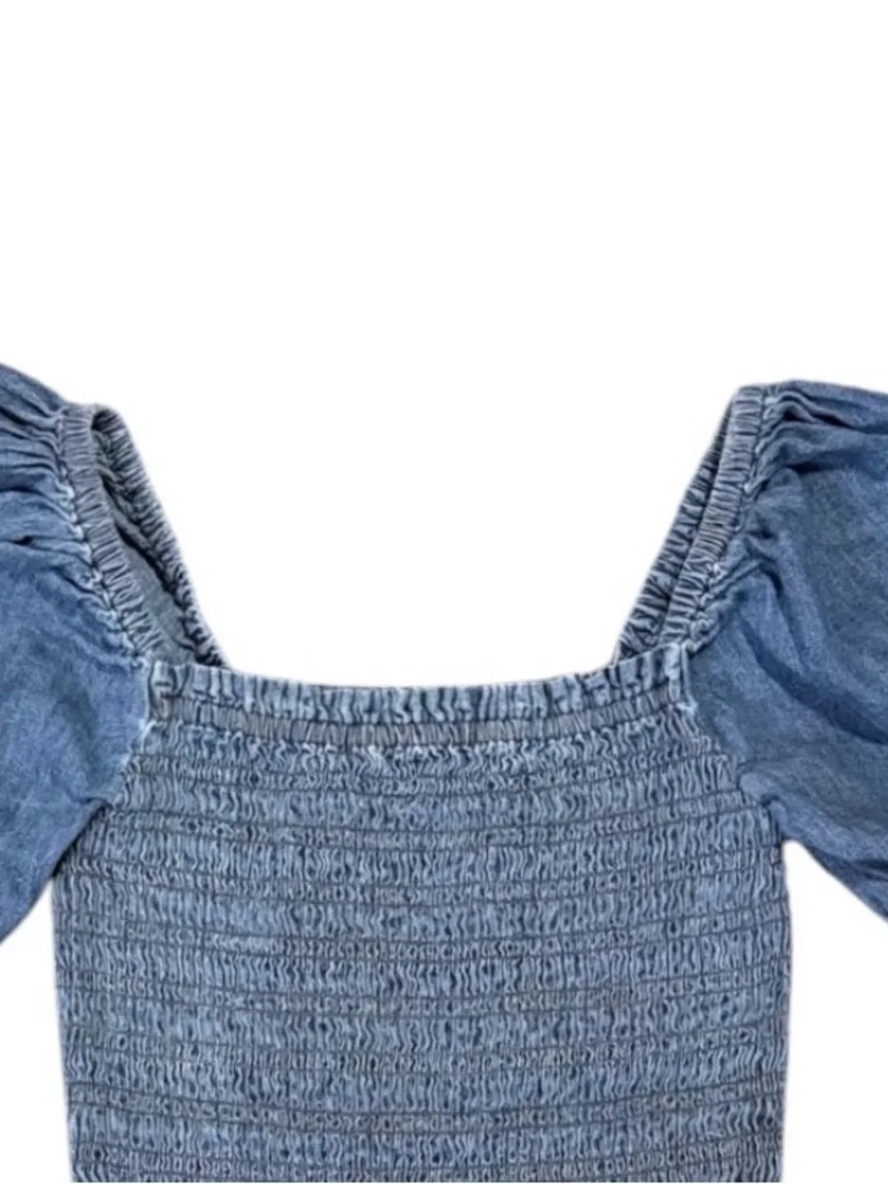 GAP Smocked Puff Sleeve Chambray Crop Top Medium Cottagecore - Picture 2 of 6